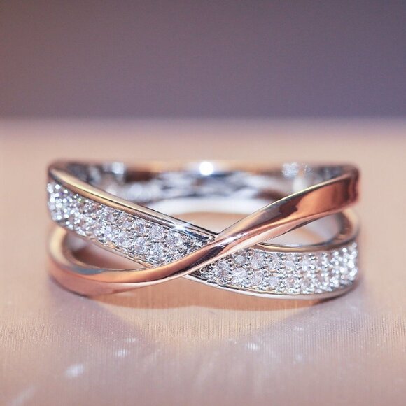 ✨ Double Layer Cross Tiny Zircon Macro Pave Trendy Rings for Women, PD284 - Picture 3 of 3